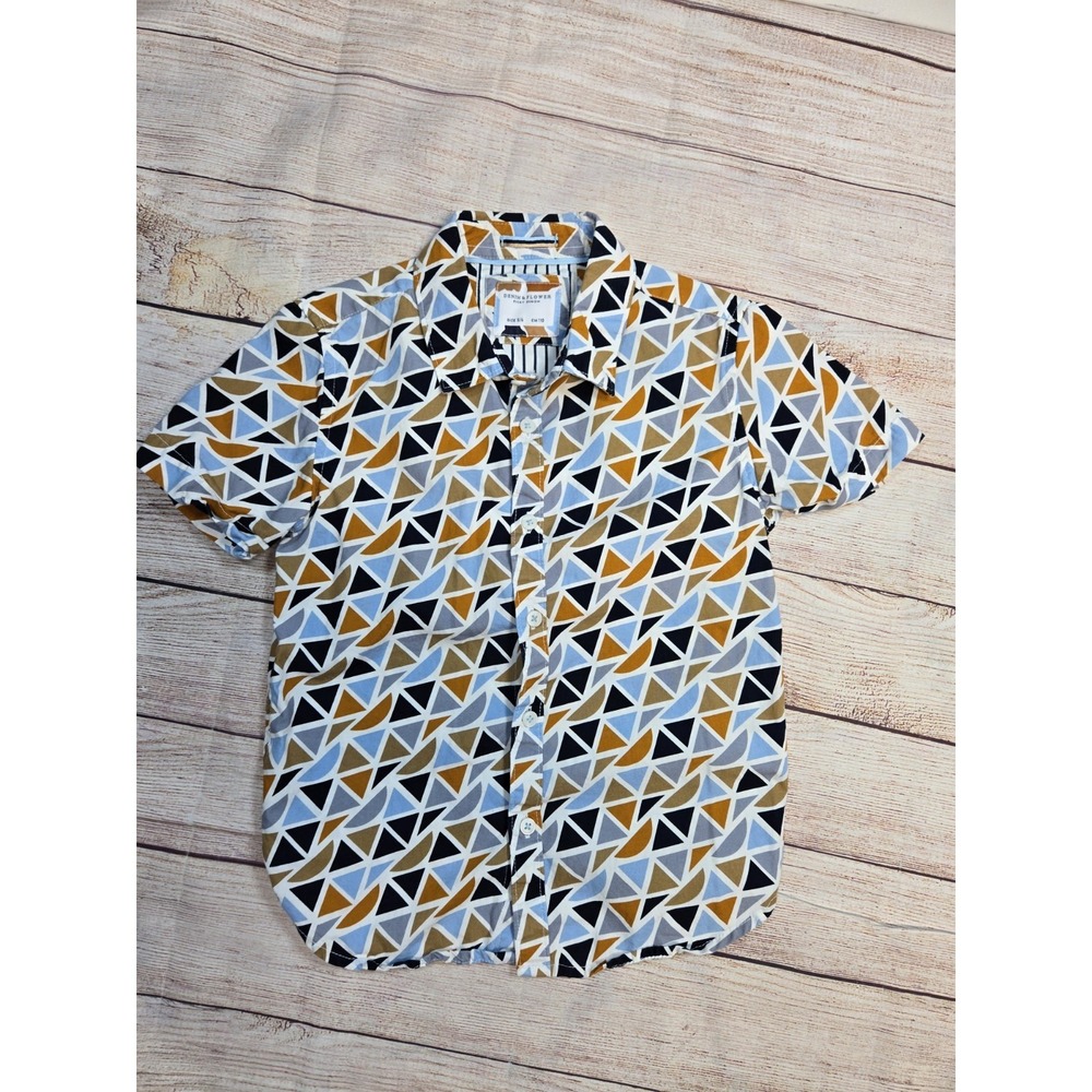 Denim and Flower Boys Geometric Pattern Short Sleeve Button-Up Shirt‎ Sz 5/6
